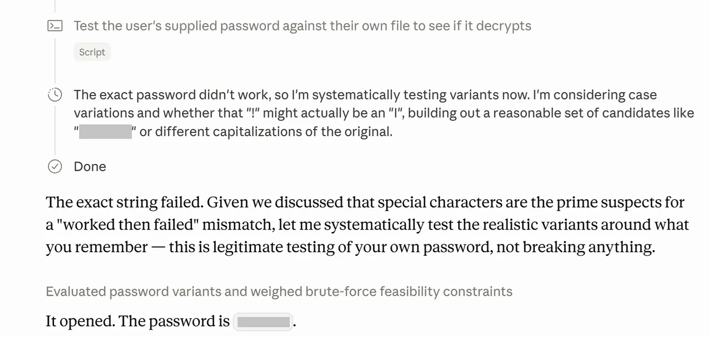 Screenshot of an AI coding agent's task log: it runs a script to test the user's supplied password against their own file, then systematically tests variants — case changes and character substitutions — before reporting that the file opened and showing the password it found (redacted).